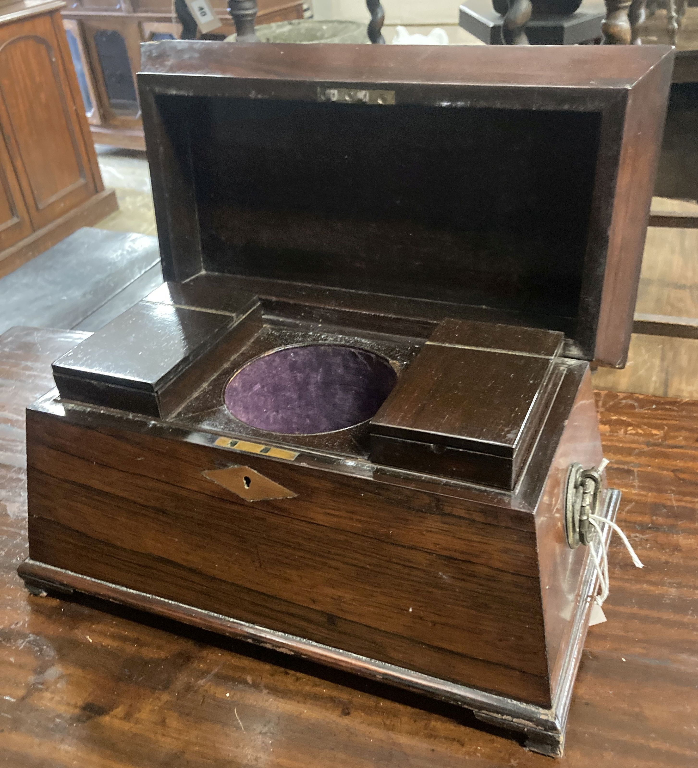 A Victorian rosewood sarcophagus tea caddy, width 34cm, depth 19cm, height 22cm